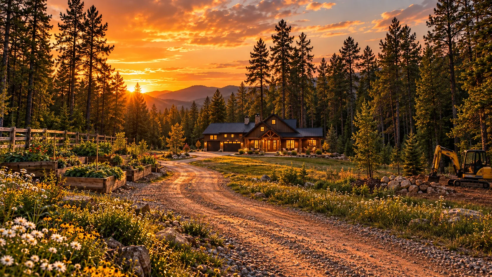 Bree walking down the dirt road toward her house at sunset